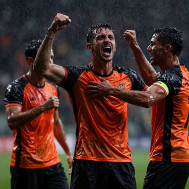 Athletes celebrating a victory under rain, high contrast dramatic lighting, emotional sports moment