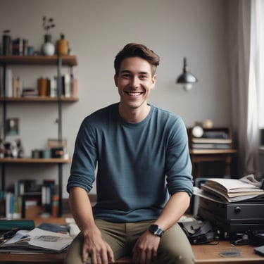 A smiling woman reading a digital tablet in a cozy home setting.