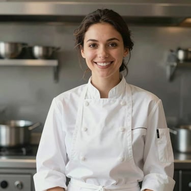 A portrait of a female chef in a white apron, smiling warmly in her modern kitchen. Natural, soft lighting. She looks professional and approachable.