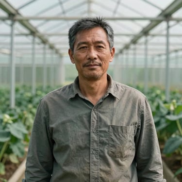 A portrait of a male farmer in his late 40s standing in front of a modern greenhouse. He is wearing a simple shirt and looks confident and proud. Matte Forest Green background.