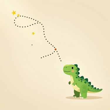 Whimsical treasure map illustration with a dotted path, stars, and a friendly little green dinosaur, warm cream background.