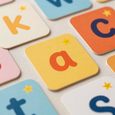 Colorful illustrated flashcards with friendly letters and smiling stars, soft light, warm educational aesthetic.