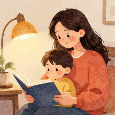 Warm watercolor illustration of a mother and child reading a book together under a glowing lamp, cozy home environment.