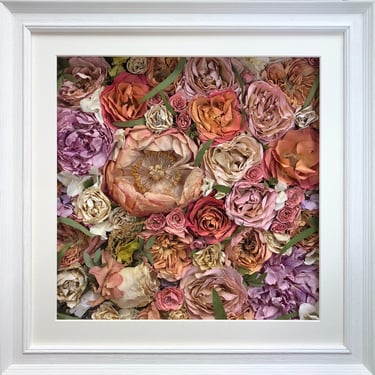 a flower wall style preserved wedding bouquet with lovely large peonies