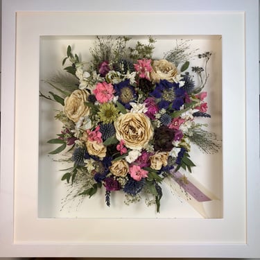Wild natured Birdseye view preserved wedding bouquet in a frame