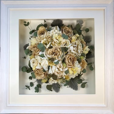 Birdseye view preserved wedding bouquet in a frame
