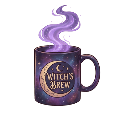 Witch's Brew coffee mug with galaxy print and crescent moon, emitting glowing purple smoke.