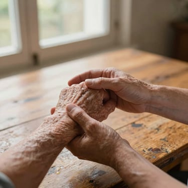 Close-up of a physiotherapist's hands carefully supporting the wrist and fingers of an elderly person, warm afternoon side light through a domestic window, a worn wooden table surface visible in the background, intimate and unhurried