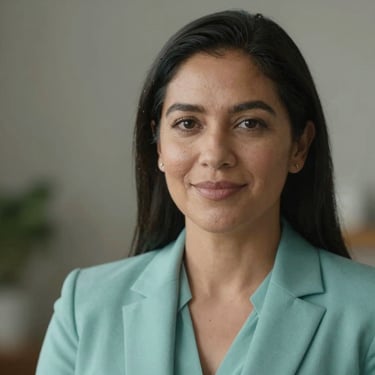 A professional portrait of a Latin American woman with a calm expression, wearing professional attire in soft teal colors, looking directly at the camera with a gentle and empathetic smile, soft lighting.