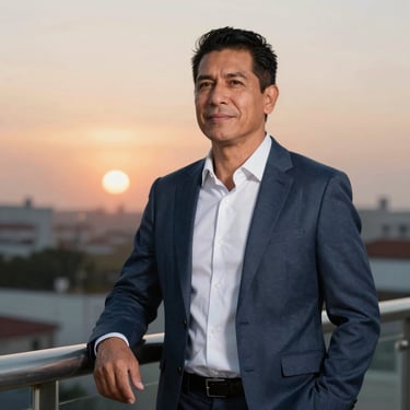 A portrait of a Latin American man with a serene and confident posture, standing on a balcony with a soft sunset background, dressed in modern and comfortable professional attire.