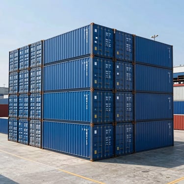 Wide-angle view of a bright, modern container port with neatly stacked blue shipping containers under clear daylight, high-end logistics environment