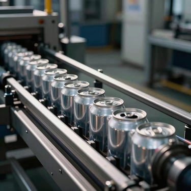 Wide panoramic 21:9 frame, high-speed aluminum can printing line in action positioned to the left third, strong key lights catching metallic reflections and deep shadows, sharp technical focus.