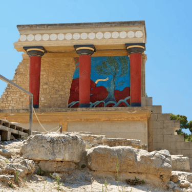 Knossos in Crete, featuring the famous Minoan frescoes and ancient ruins