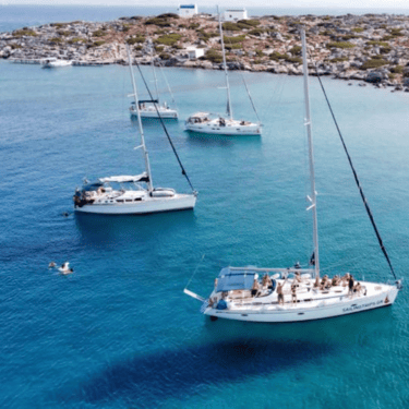Sailing boats in the turquoise Cretan Sea, captured from above