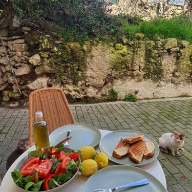 Enjoying Cretan food outdoors, sitting at a cozy spot outside of Tonia's Cottage