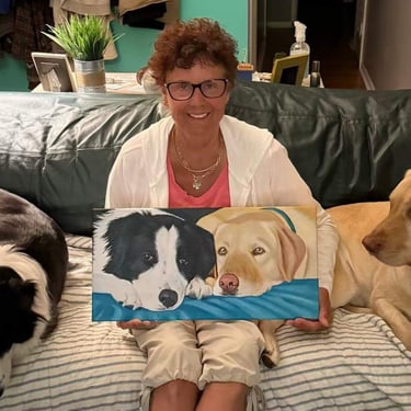 Pet portrait of border collie and yellow lab, held by the client
