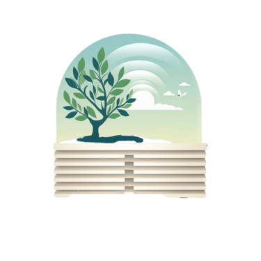 Easy Fit Blinds Logo a window with blinds and a view ofa tree with a bird flying over it