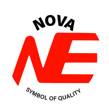 a red and black logo with the word nef