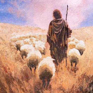 Faith inspired art by Martin Osner of a shepherd guiding sheep, symbolising faith, guidance and protection
