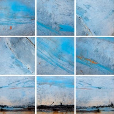 Abstract photographic collage with blue textured layers and soft tonal movement