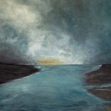 Abstract seascape painting with dark shoreline and a soft yellow sunset on the horizon