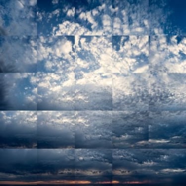 Abstract photographic collage of blue sky with layered cloud textures