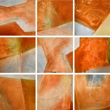 Abstract photographic collage with warm orange textures and layered surfaces