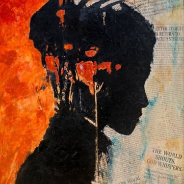 Faith inspired art by Martin Osner titled Be Still, textured silhouette with script symbolising stillness with God