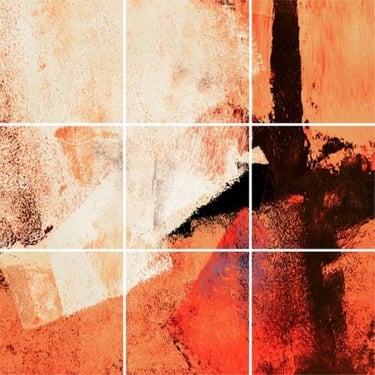 Abstract photographic collage with bold orange and black textured contrast