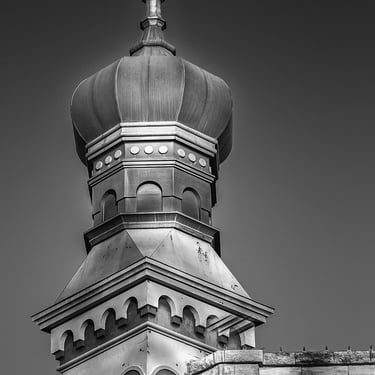 Black and white of iconic onion dome building top overlooking Georkgetown, Tx town square