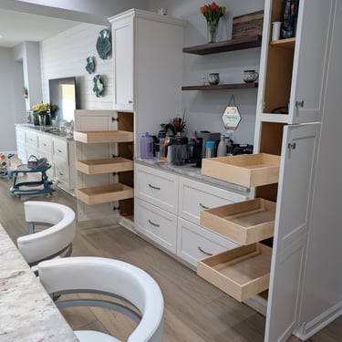 Pantry cabinets with pull out cabinet drawers installed.