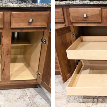 A cabinet with the center stile removed to allow the installation of large base cabinet pull-out shelving. 