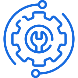a blue and white logo with a gearwheel and gears