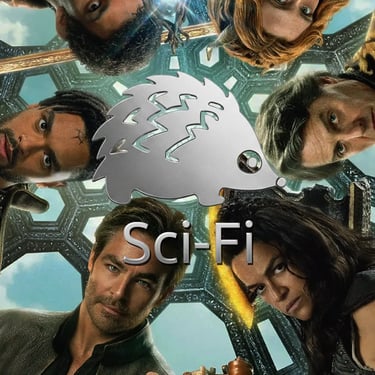 a group of people standing around a scifii
