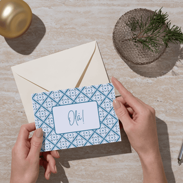 a greeting card with geometric pattern blue and white colors