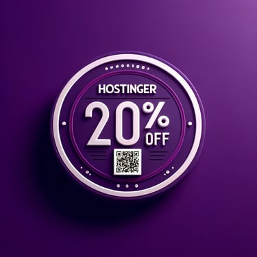 "Hostinger promo image: purple background, '20% OFF' CODEPROMOSANSPUBS PARRAINAGE HOSTINGER