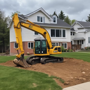 A construction site covered with blue scaffolding is visible. Several signs and banners advertising construction companies and services are attached to the scaffolding. There are details indicating restoration work being done, including contact information and project descriptions.