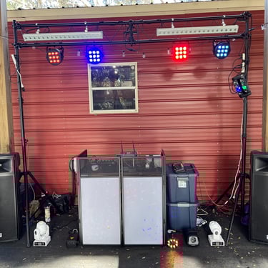 dj booth and speakers and lights