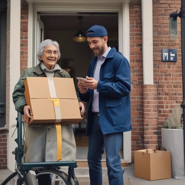 A delivery person handing a package to a customer.