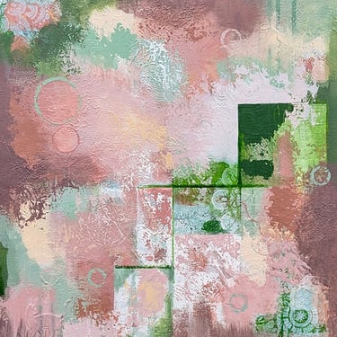 abstract painting in a variety of pink, cream, and green