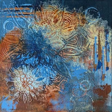 Abstract mandala painting in rust-red and ultramarine