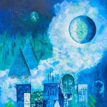 Textured, abstract city-scape in blues and greens