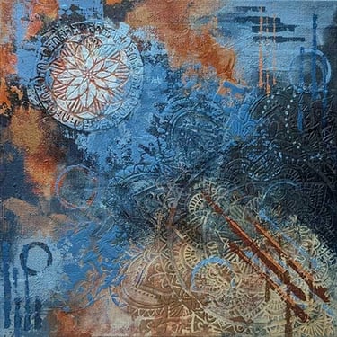 Rusty ochres, siennas, and deep blues come together in this textured abstract art