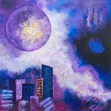 Abstract fantasy city-scape in purples, blues, and flashes of gold