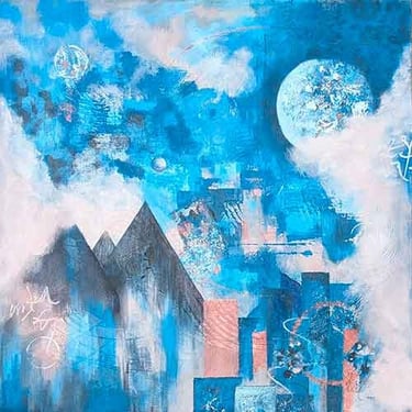 Abstract city-scape in misty blues and pastel peach and pink highlights