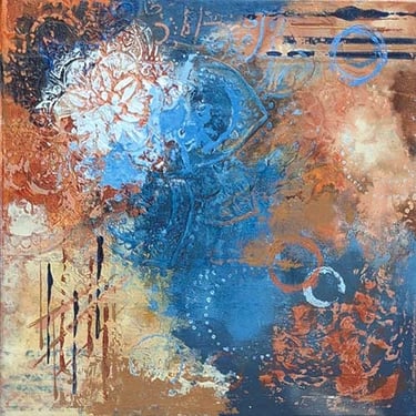 Indigo, clay, and copper tones in an abstract mandala painting