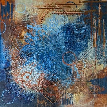 Indigo, clay, and copper abstract painting