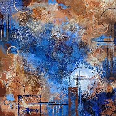 Abstract painting in deep ultramarine, copper, and earthen browns.