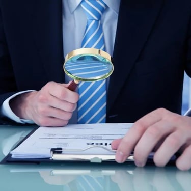 En man i kostym ser på ett avtal med ett förstoringsglas