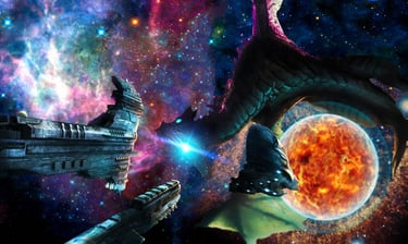 photo bash, matte painting of dragon in space protecting planet